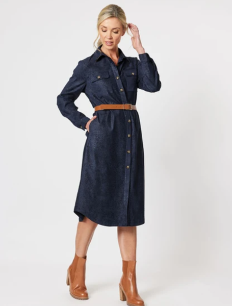 Animal Print Stretch Suede Shirtdress -Navy | Gordon Smith