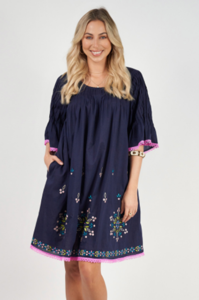 Coco Dress Lotta Embroidery - Navy | Naudic