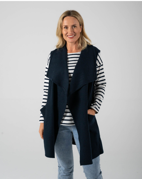 Long Line Boiled Wool Vest - Navy | Seesaw