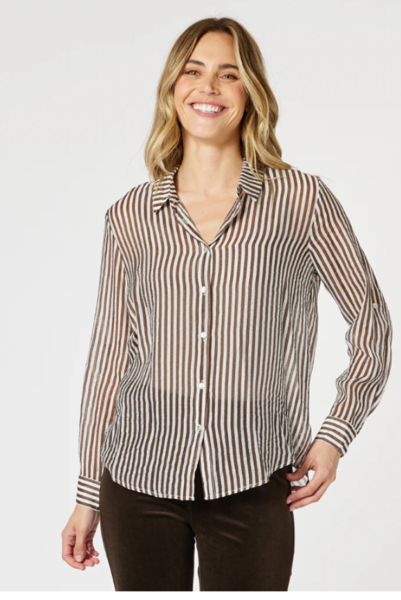 City Stripe Print Sheer Shirt - Chocolate/White | Gordon Smith