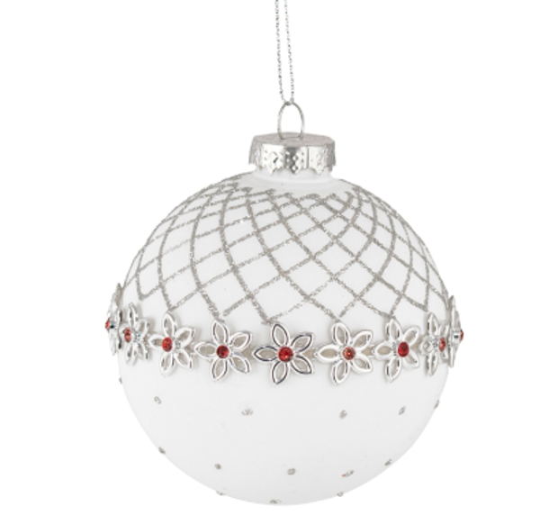 GLASS BAUBLE - WHITE SILVER RED FLOWER | Christmas