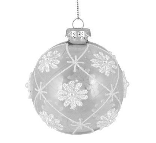 GLASS BAUBLE - CLEAR w/ WHITE FLOWER | 8CM