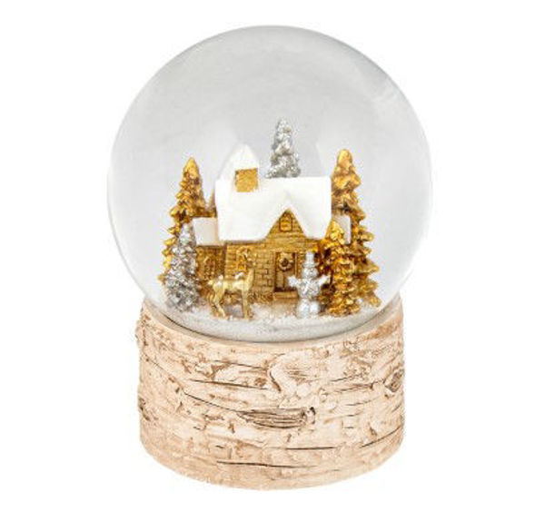 RESIN SNOW GLOBE - GOLD BIRCH HOUSE IN TREES | SMALL 14CM